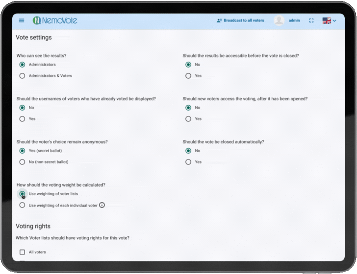 Configuração de Votação Ponderada na preparação da cédula, rascunho de voto no NemoVote
