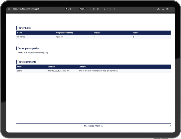 Der PDF-Export zeigt die Abstimmungskommentare in einer formattierten Tabelle, zusammen mit den Abstimmungsergebnissen. Dies ermöglicht eine lückenlose Dokumentation.