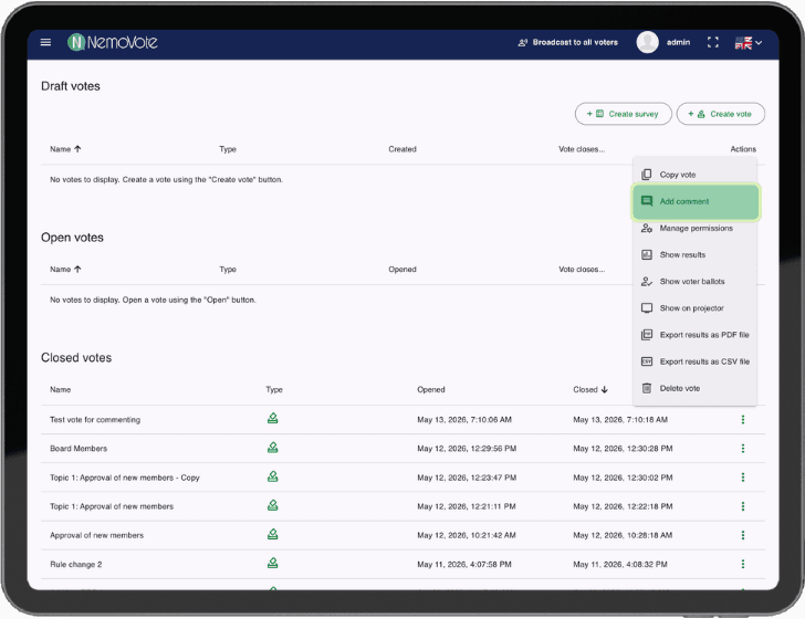 Das Admin-Dashboard zeigt, wo Sie die Abstimmungskommentare-Funktion im Interface finden. Der Menüpunkt ist klar erkennbar unter den Vote-Details.
