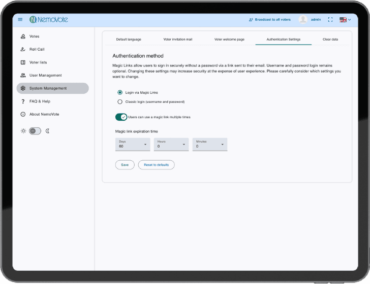 Authentication Settings in NemoVote