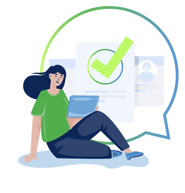 A woman is looking at a tablet and a checkmark is signaling that all NemoVote application features are working well.