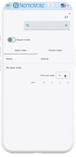 Live-Wahl startet in der Wähleroberfläche auf dem Smartphone. Benachrichtigung: Neue Wahl geöffnet. Klick auf Snackbar oder Aktualisieren zeigt Stimmzettel. Klick auf Abstimm-Symbol öffnet Stimmzettel mit Wahlmöglichkeiten. Stimme wird abgegeben