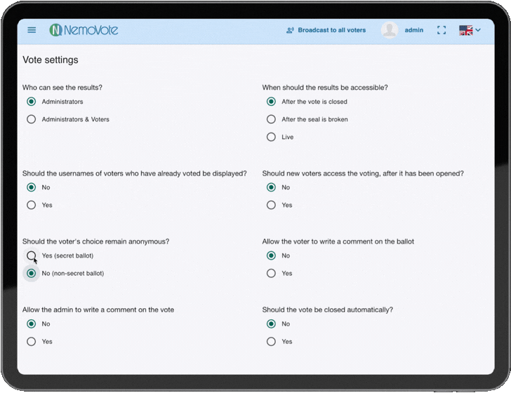 A tablet showing how to configure a secret voting in the NemoVote application.