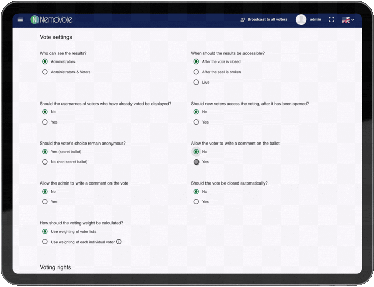 Aktiviere Stimmzettelkommentare in den Vote-Einstellungen. Das Video zeigt den Workflow zum Umschalten der Einstellung im Admin-Dashboard.
