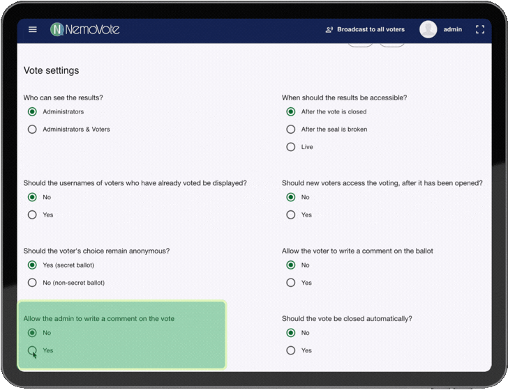 Aktiviere die Abstimmungskommentare in den Vote-Einstellungen. Das Video zeigt den Workflow zum Umschalten der Einstellung im Admin-Dashboard.